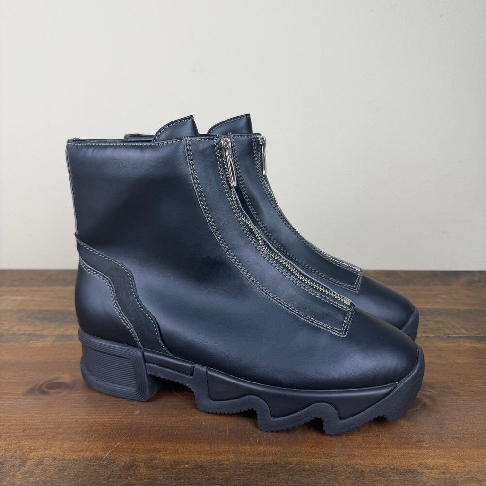 iRi NYC Odele Leather Ankle Combat Boots Zip Closure Lug Wavy Sole Women's US